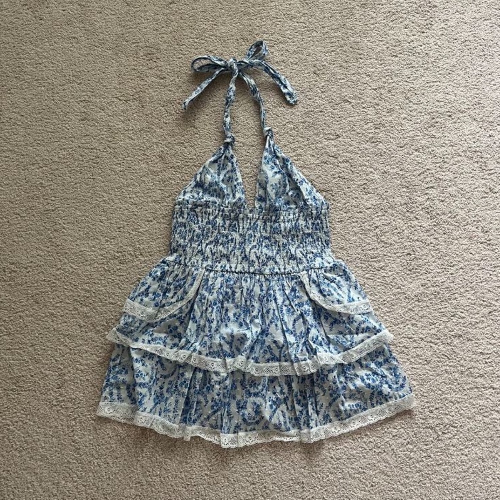 Blue & white lace trim ruffle halter dress
